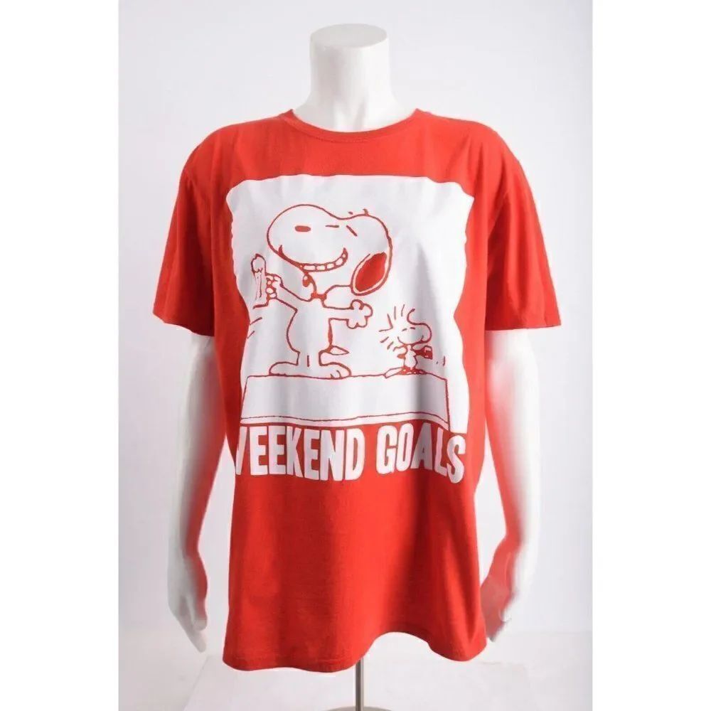 Peanuts Mens Snoopy T-Shirt Shirt Weedend Goals Beer drinking L Red woodstock